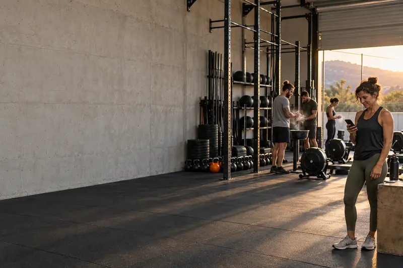 A coach checks her phone at the side of a training box in the evening light.
